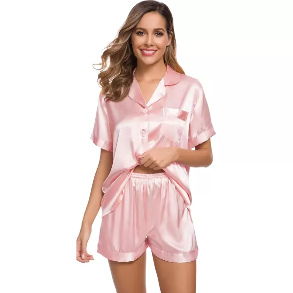 SWOMOG Womens Silk Satin Pajamas Set Short Sleeve Button Down Sleepwear Loungewear 2 Piece Pj SetsSakura Pink
