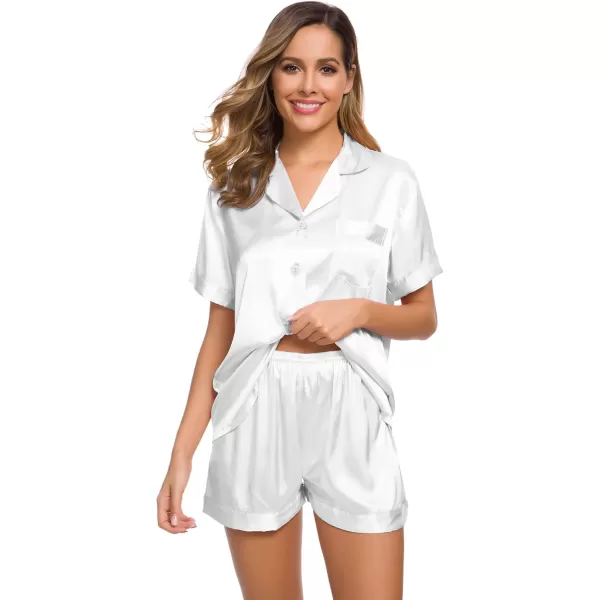 SWOMOG Womens Silk Satin Pajamas Set Short Sleeve Button Down Sleepwear Loungewear 2 Piece Pj SetsWhite
