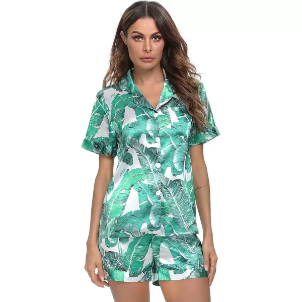 SWOMOG Womens Silk Satin Pajamas Set Short Sleeve Button Down Sleepwear Loungewear 2 Piece Pj SetsWhite Leaves