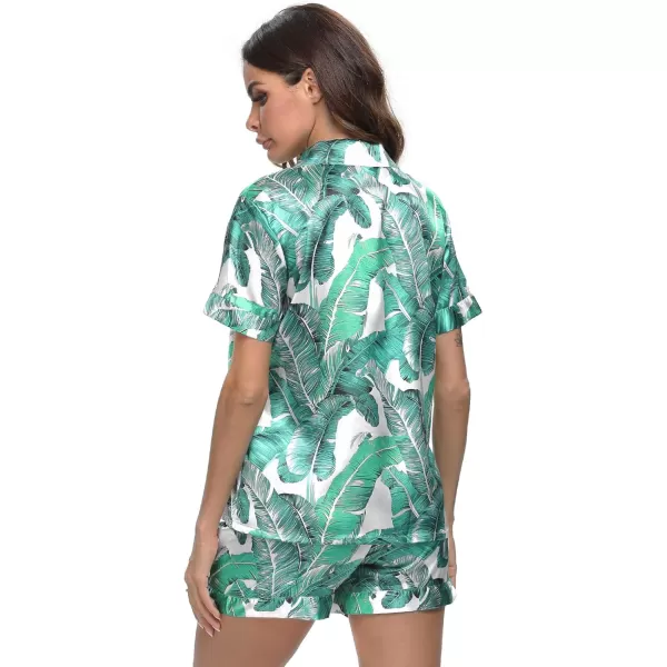 SWOMOG Womens Silk Satin Pajamas Set Short Sleeve Button Down Sleepwear Loungewear 2 Piece Pj SetsWhite Leaves