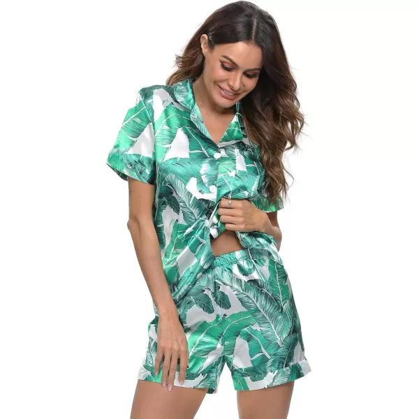 SWOMOG Womens Silk Satin Pajamas Set Short Sleeve Button Down Sleepwear Loungewear 2 Piece Pj SetsWhite Leaves