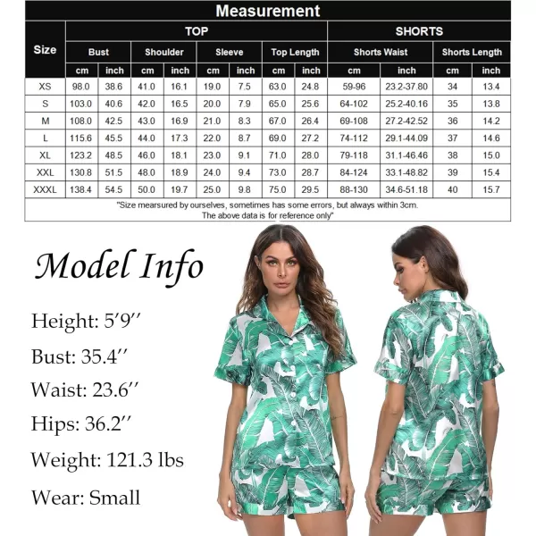 SWOMOG Womens Silk Satin Pajamas Set Short Sleeve Button Down Sleepwear Loungewear 2 Piece Pj SetsWhite Leaves