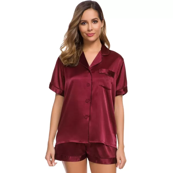 SWOMOG Womens Silk Satin Pajamas Set Short Sleeve Button Down Sleepwear Loungewear 2 Piece Pj SetsWine Red