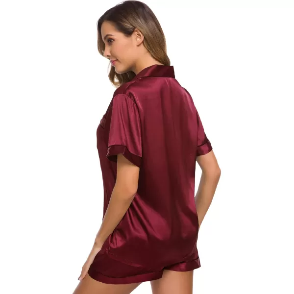 SWOMOG Womens Silk Satin Pajamas Set Short Sleeve Button Down Sleepwear Loungewear 2 Piece Pj SetsWine Red