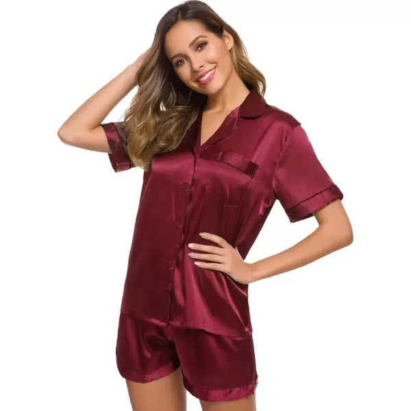 SWOMOG Womens Silk Satin Pajamas Set Short Sleeve Button Down Sleepwear Loungewear 2 Piece Pj SetsWine Red