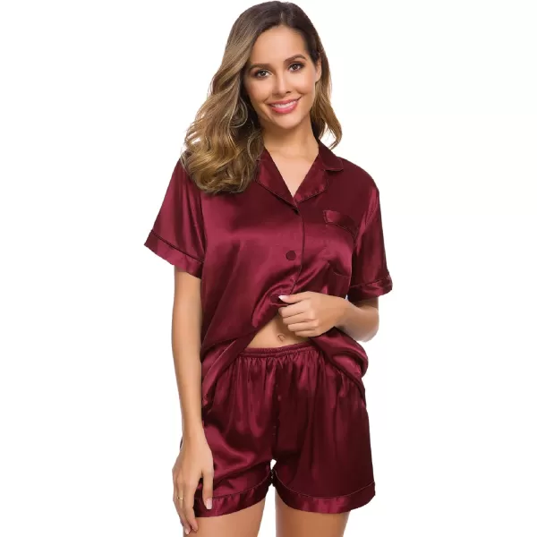 SWOMOG Womens Silk Satin Pajamas Set Short Sleeve Button Down Sleepwear Loungewear 2 Piece Pj SetsWine Red