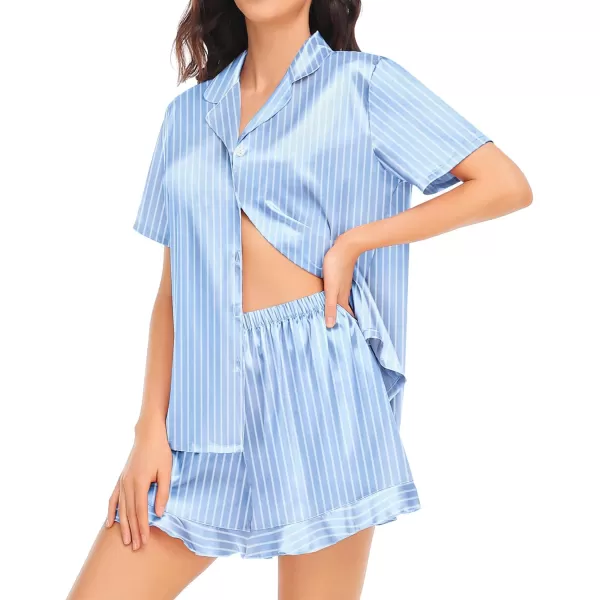 SWOMOG Womens Silk Satin Pajamas Set Short Sleeve Button Down Sleepwear Ruffle Hem Shorts PJ Sets TwoPiece LoungewearBlue Striped