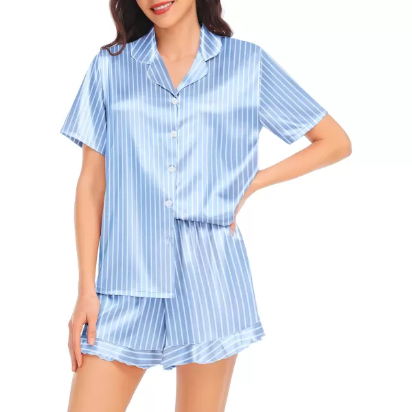 SWOMOG Womens Silk Satin Pajamas Set Short Sleeve Button Down Sleepwear Ruffle Hem Shorts PJ Sets TwoPiece LoungewearBlue Striped