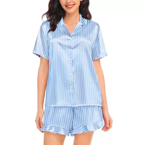 SWOMOG Womens Silk Satin Pajamas Set Short Sleeve Button Down Sleepwear Ruffle Hem Shorts PJ Sets TwoPiece LoungewearBlue Striped