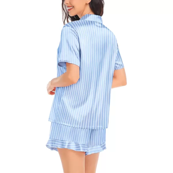 SWOMOG Womens Silk Satin Pajamas Set Short Sleeve Button Down Sleepwear Ruffle Hem Shorts PJ Sets TwoPiece LoungewearBlue Striped