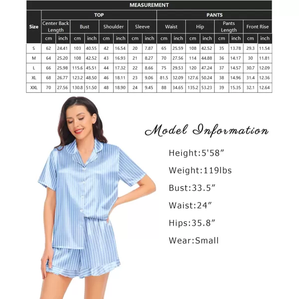 SWOMOG Womens Silk Satin Pajamas Set Short Sleeve Button Down Sleepwear Ruffle Hem Shorts PJ Sets TwoPiece LoungewearBlue Striped