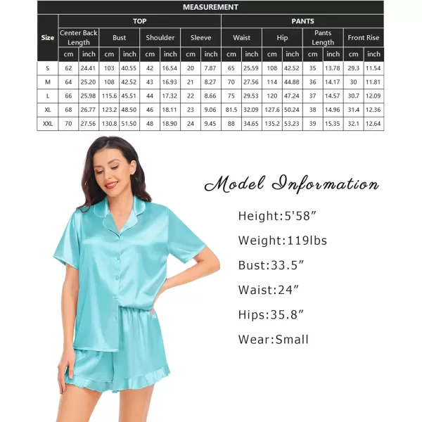 SWOMOG Womens Silk Satin Pajamas Set Short Sleeve Button Down Sleepwear Ruffle Hem Shorts PJ Sets TwoPiece LoungewearLight Blue