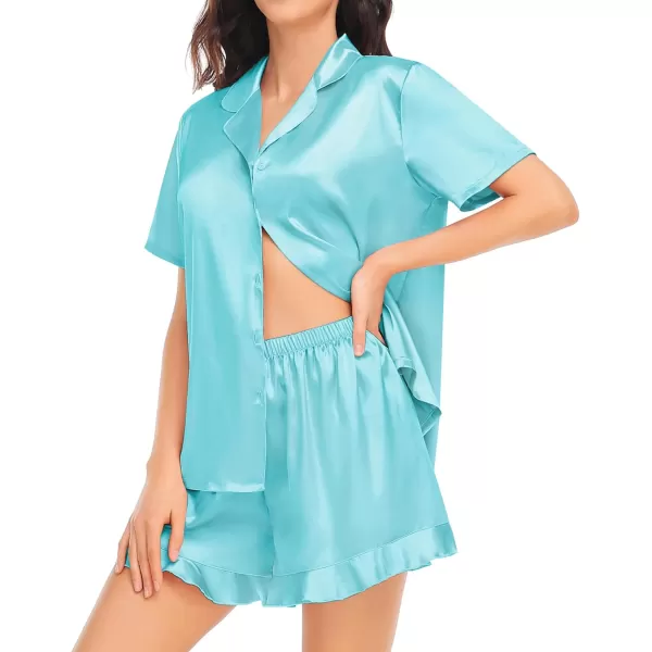 SWOMOG Womens Silk Satin Pajamas Set Short Sleeve Button Down Sleepwear Ruffle Hem Shorts PJ Sets TwoPiece LoungewearLight Blue