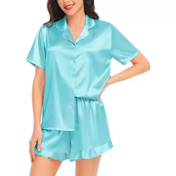 SWOMOG Womens Silk Satin Pajamas Set Short Sleeve Button Down Sleepwear Ruffle Hem Shorts PJ Sets TwoPiece LoungewearLight Blue