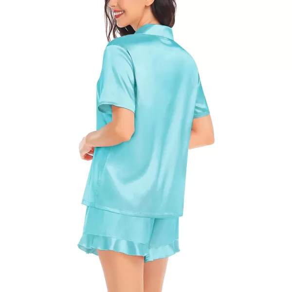 SWOMOG Womens Silk Satin Pajamas Set Short Sleeve Button Down Sleepwear Ruffle Hem Shorts PJ Sets TwoPiece LoungewearLight Blue