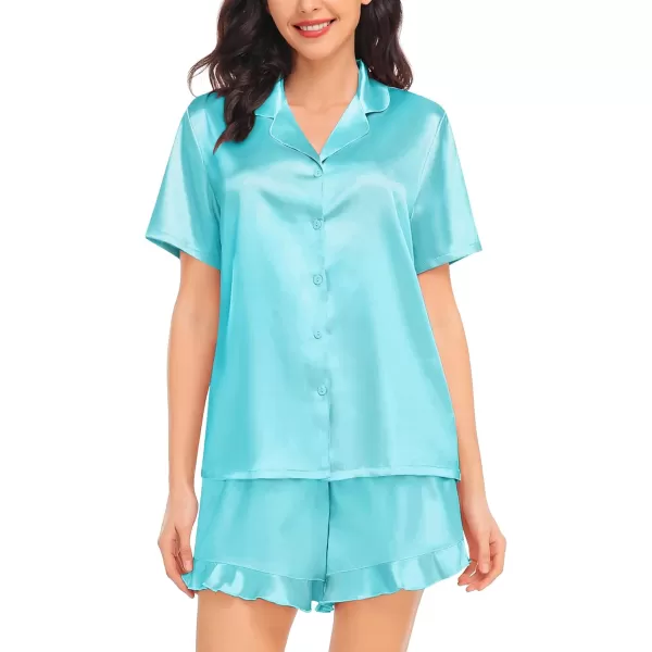 SWOMOG Womens Silk Satin Pajamas Set Short Sleeve Button Down Sleepwear Ruffle Hem Shorts PJ Sets TwoPiece LoungewearLight Blue