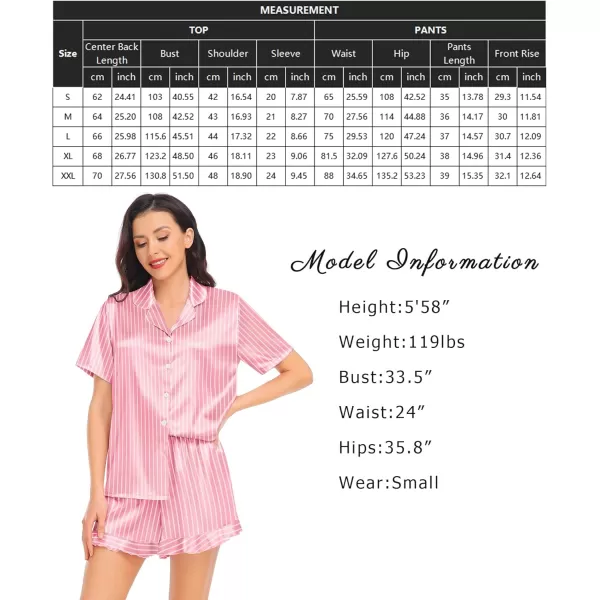 SWOMOG Womens Silk Satin Pajamas Set Short Sleeve Button Down Sleepwear Ruffle Hem Shorts PJ Sets TwoPiece LoungewearPink Striped