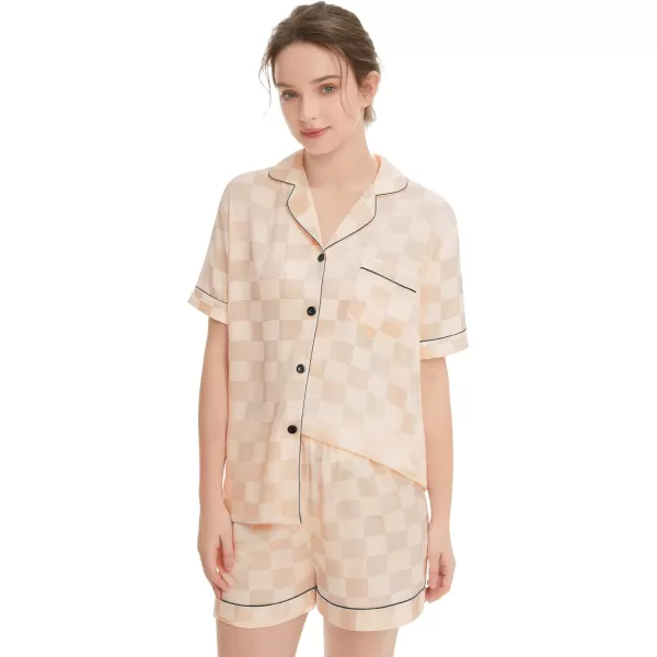 SWOMOG Womens Silk Satin Pajamas Set Short Sleeve Sleepwear Button Down Loungewear Checker Top and Shorts 2 Pcs Pjs