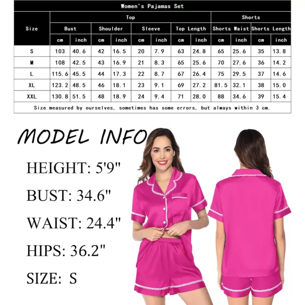 SWOMOG Womens Silk Satin Pajamas Set Short Sleeve Sleepwear Soft Button Down Loungewear 2 Piece Lace PjRose Red