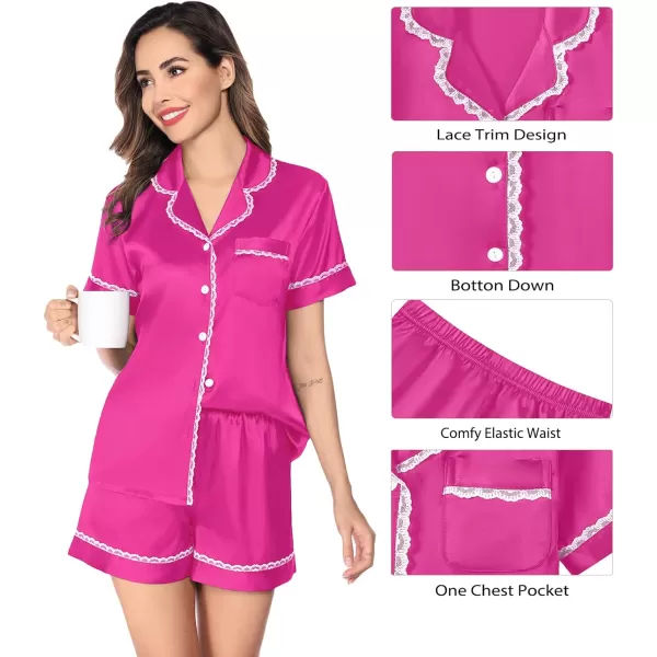 SWOMOG Womens Silk Satin Pajamas Set Short Sleeve Sleepwear Soft Button Down Loungewear 2 Piece Lace PjRose Red