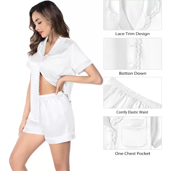 SWOMOG Womens Silk Satin Pajamas Set Short Sleeve Sleepwear Soft Button Down Loungewear 2 Piece Lace PjWhite