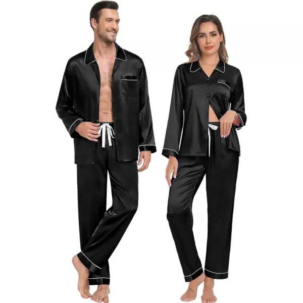 SWOMOG Couple Silk Satin Pajamas Set 2Pcs Long Sleeve Sleepwear Button Down Loungewear Pjs with PantsBlack