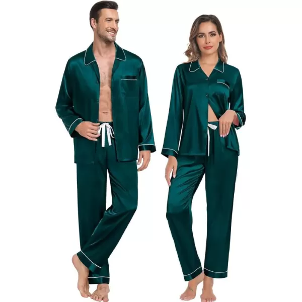 SWOMOG Couple Silk Satin Pajamas Set 2Pcs Long Sleeve Sleepwear Button Down Loungewear Pjs with PantsDark Green