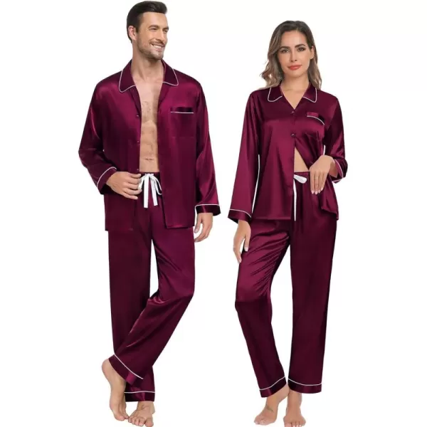 SWOMOG Couple Silk Satin Pajamas Set 2Pcs Long Sleeve Sleepwear Button Down Loungewear Pjs with PantsDark Wine Red