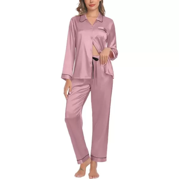 SWOMOG Couple Silk Satin Pajamas Set 2Pcs Long Sleeve Sleepwear Button Down Loungewear Pjs with PantsMisty Rose