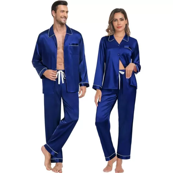 SWOMOG Couple Silk Satin Pajamas Set 2Pcs Long Sleeve Sleepwear Button Down Loungewear Pjs with PantsNavy Blue