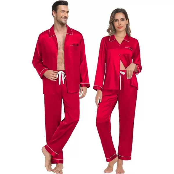 SWOMOG Couple Silk Satin Pajamas Set 2Pcs Long Sleeve Sleepwear Button Down Loungewear Pjs with PantsRed