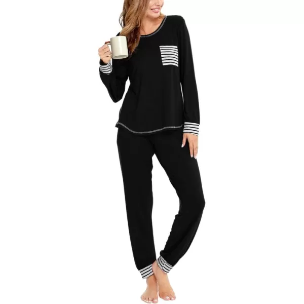 SWOMOG Pajamas Set Womens Long Sleeve Sleepwear Soft Modal Classic Loungewear Pj Set0black