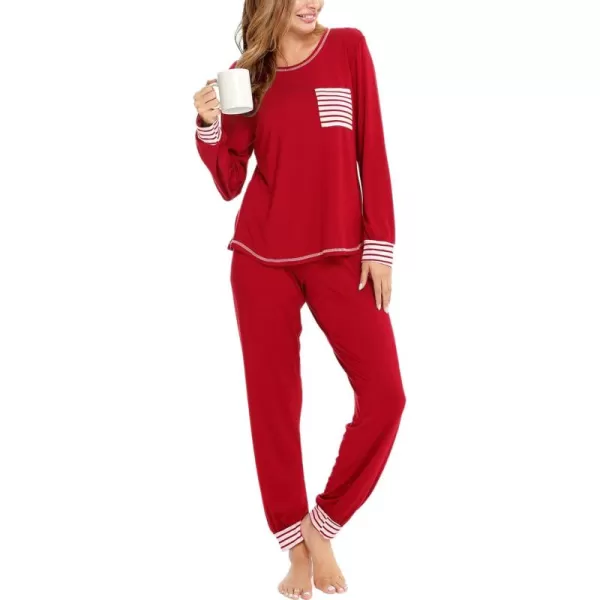 SWOMOG Pajamas Set Womens Long Sleeve Sleepwear Soft Modal Classic Loungewear Pj Set0red