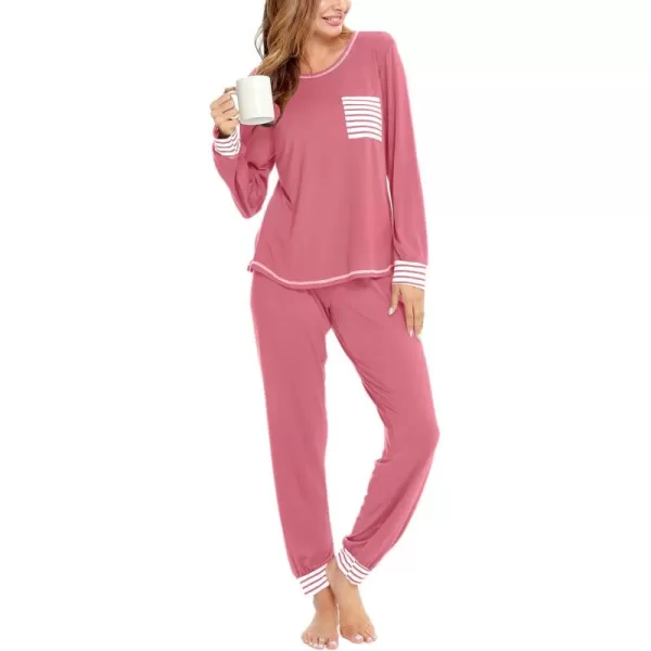 SWOMOG Pajamas Set Womens Long Sleeve Sleepwear Soft Modal Classic Loungewear Pj SetCoral