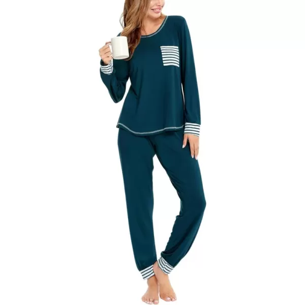 SWOMOG Pajamas Set Womens Long Sleeve Sleepwear Soft Modal Classic Loungewear Pj SetDark Navy Blue