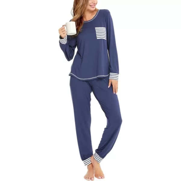 SWOMOG Pajamas Set Womens Long Sleeve Sleepwear Soft Modal Classic Loungewear Pj SetNavy Blue