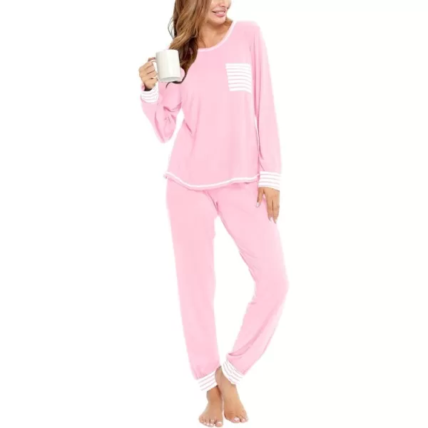 SWOMOG Pajamas Set Womens Long Sleeve Sleepwear Soft Modal Classic Loungewear Pj SetPink