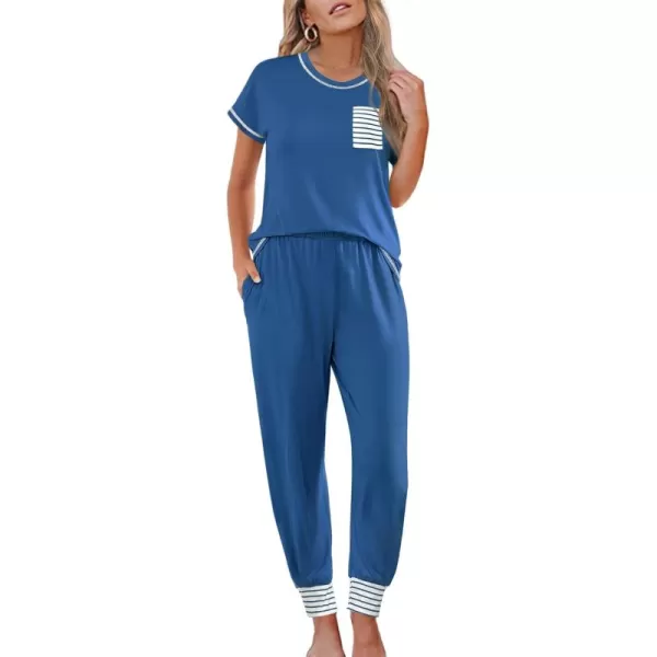 SWOMOG Pajamas Set Womens Long Sleeve Sleepwear Soft Modal Classic Loungewear Pj SetShort Sleeveblue