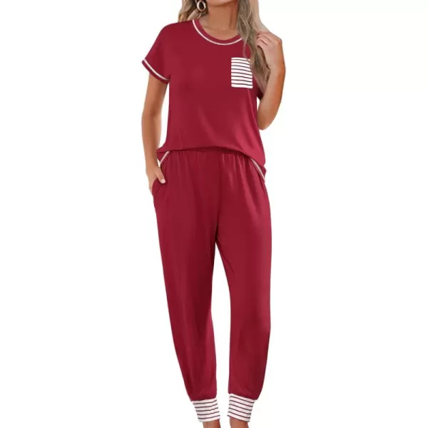 SWOMOG Pajamas Set Womens Long Sleeve Sleepwear Soft Modal Classic Loungewear Pj SetShort Sleevewine Red