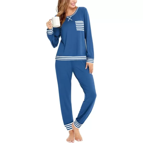 SWOMOG Pajamas Set Womens Long Sleeve Sleepwear Soft Modal Classic Loungewear Pj SetStyle2blue