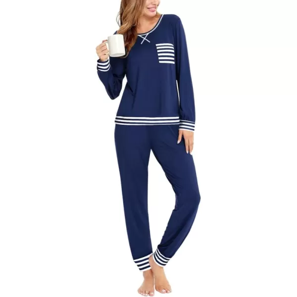 SWOMOG Pajamas Set Womens Long Sleeve Sleepwear Soft Modal Classic Loungewear Pj SetStyle2navy Blue