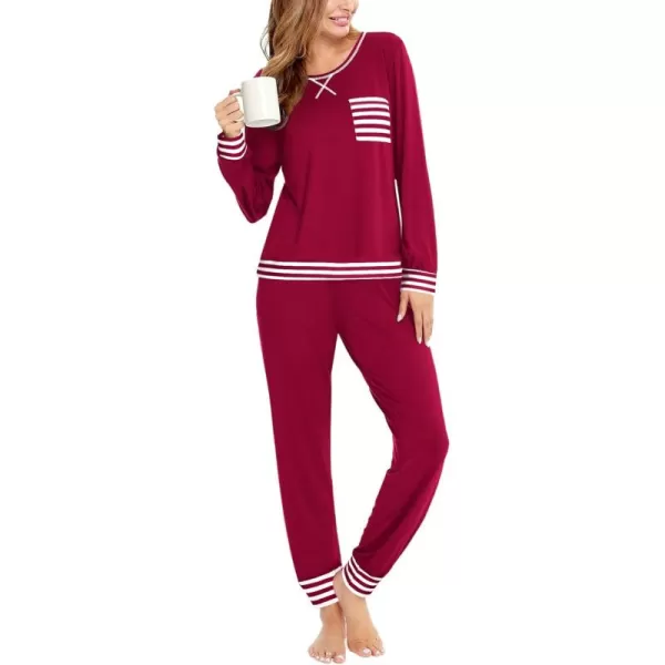 SWOMOG Pajamas Set Womens Long Sleeve Sleepwear Soft Modal Classic Loungewear Pj SetStyle2wine Red