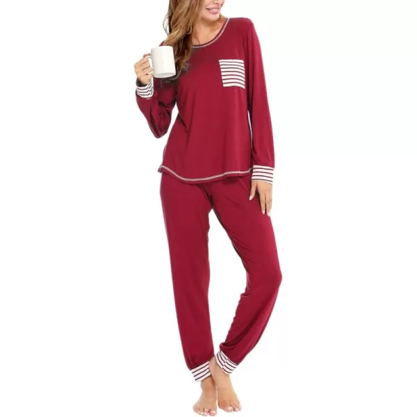 SWOMOG Pajamas Set Womens Long Sleeve Sleepwear Soft Modal Classic Loungewear Pj SetWine Red