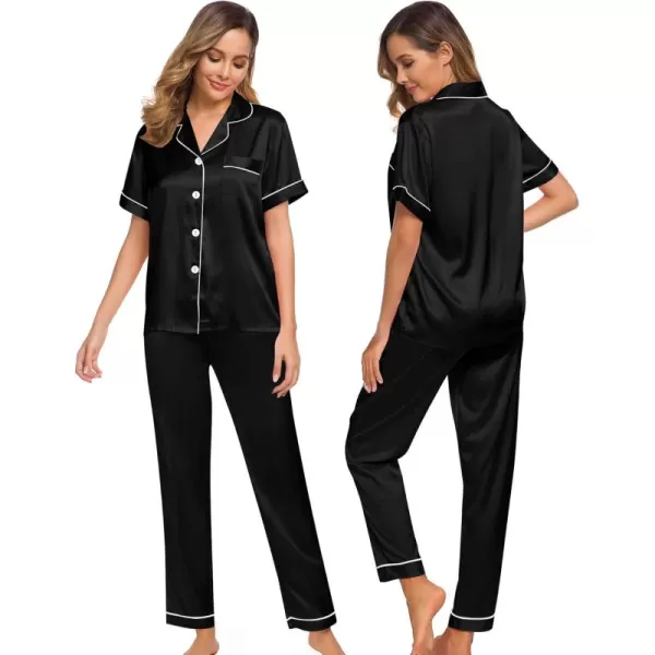 SWOMOG Women Satin Pajamas Set Short Sleeve Top ampamp Pants Sleepwear Silky Button Down Nightwear 2pcs Loungewear Pjs SetBlack