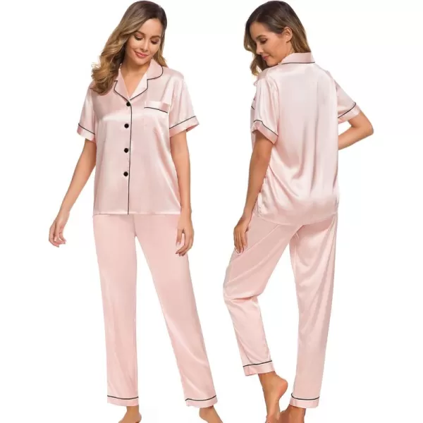 SWOMOG Women Satin Pajamas Set Short Sleeve Top ampamp Pants Sleepwear Silky Button Down Nightwear 2pcs Loungewear Pjs SetBlush Pink