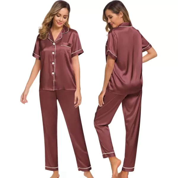 SWOMOG Women Satin Pajamas Set Short Sleeve Top ampamp Pants Sleepwear Silky Button Down Nightwear 2pcs Loungewear Pjs SetNostalgia Rose