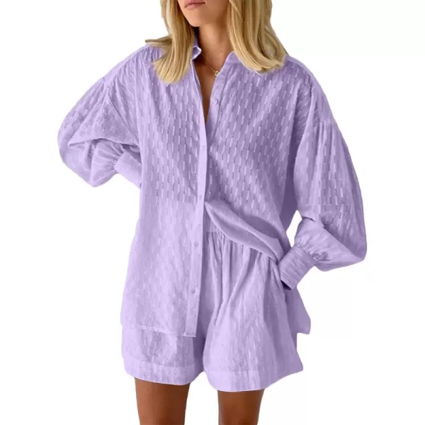 SWOMOG Womens 2 Piece Loungewear Long Puff Sleeve Button Down Shirts High Waisted Shorts with Side Pockets Pajama SetLavender