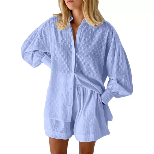 SWOMOG Womens 2 Piece Loungewear Long Puff Sleeve Button Down Shirts High Waisted Shorts with Side Pockets Pajama SetLight Blue