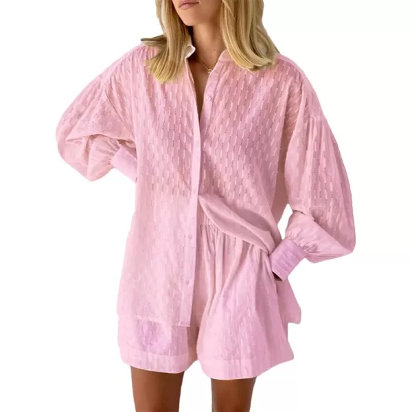 SWOMOG Womens 2 Piece Loungewear Long Puff Sleeve Button Down Shirts High Waisted Shorts with Side Pockets Pajama SetPink