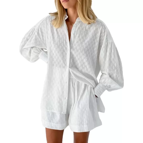 SWOMOG Womens 2 Piece Loungewear Long Puff Sleeve Button Down Shirts High Waisted Shorts with Side Pockets Pajama SetWhite